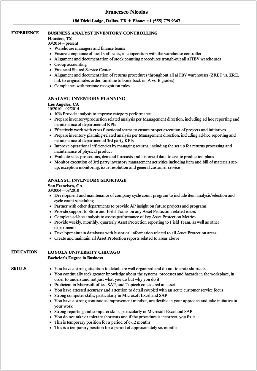 Inventory Control Analyst Resume Objective