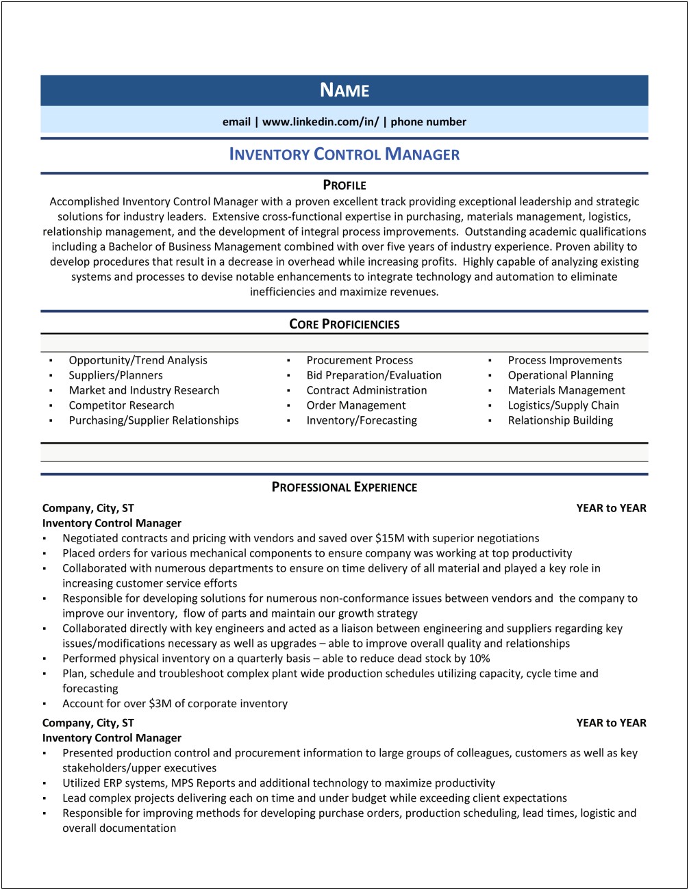 Inventory Control Manager Resume Sample