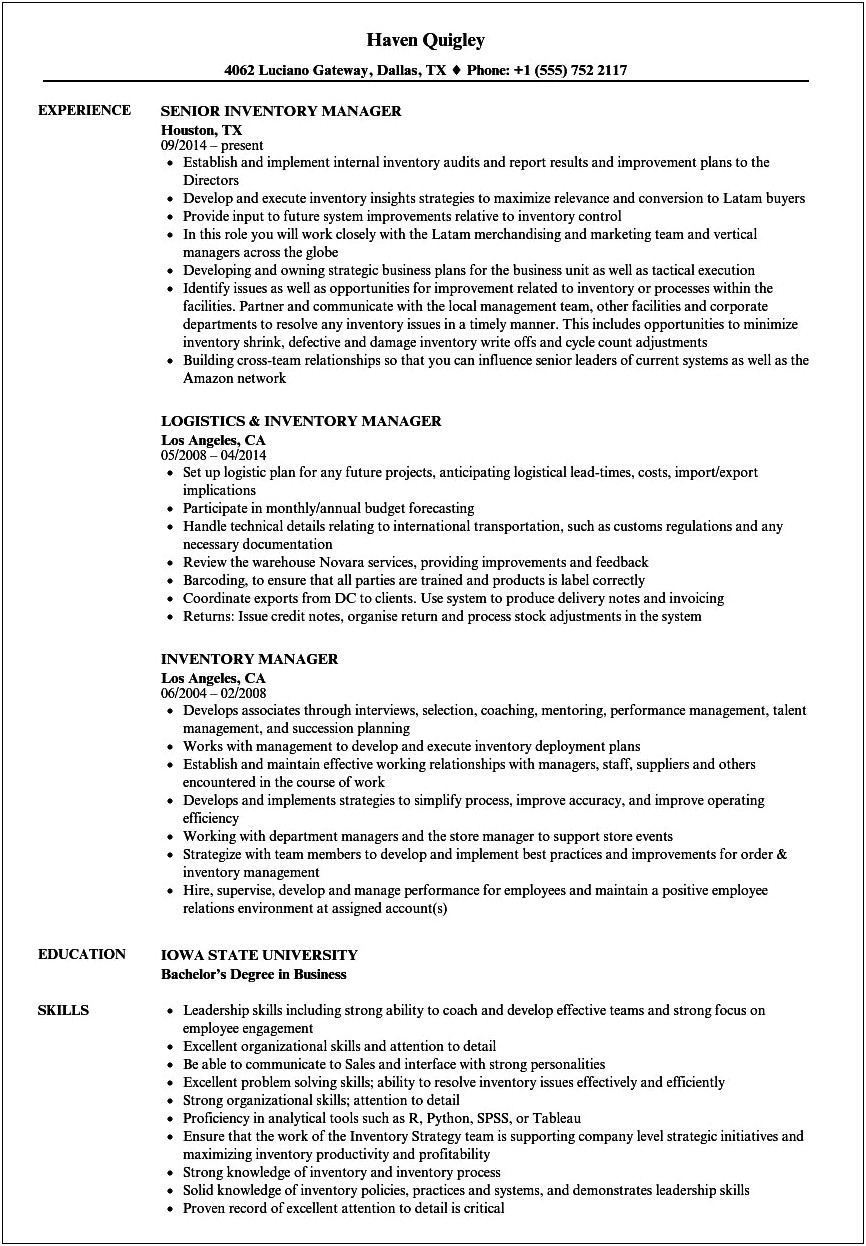 Inventory Control Manager Resume Summary
