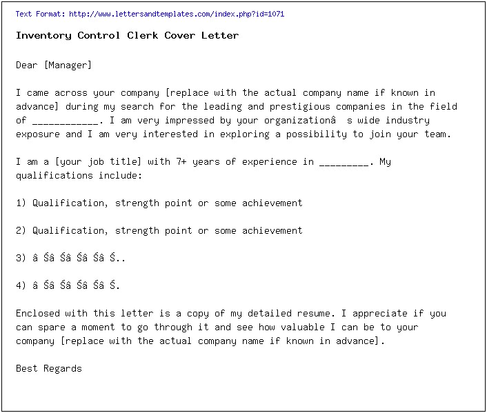 Inventory Control Specialist Job Description For Resume