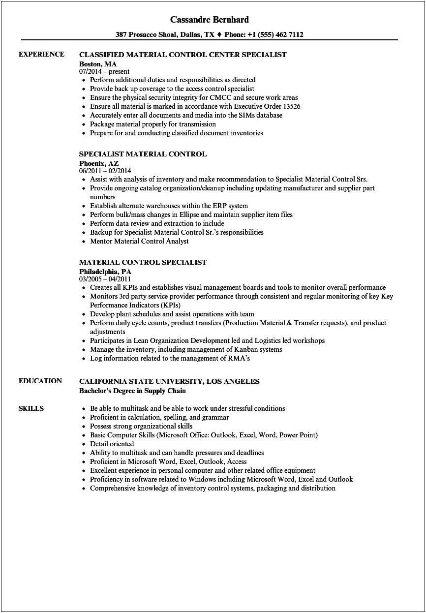 Inventory Control Specialist Resume Example