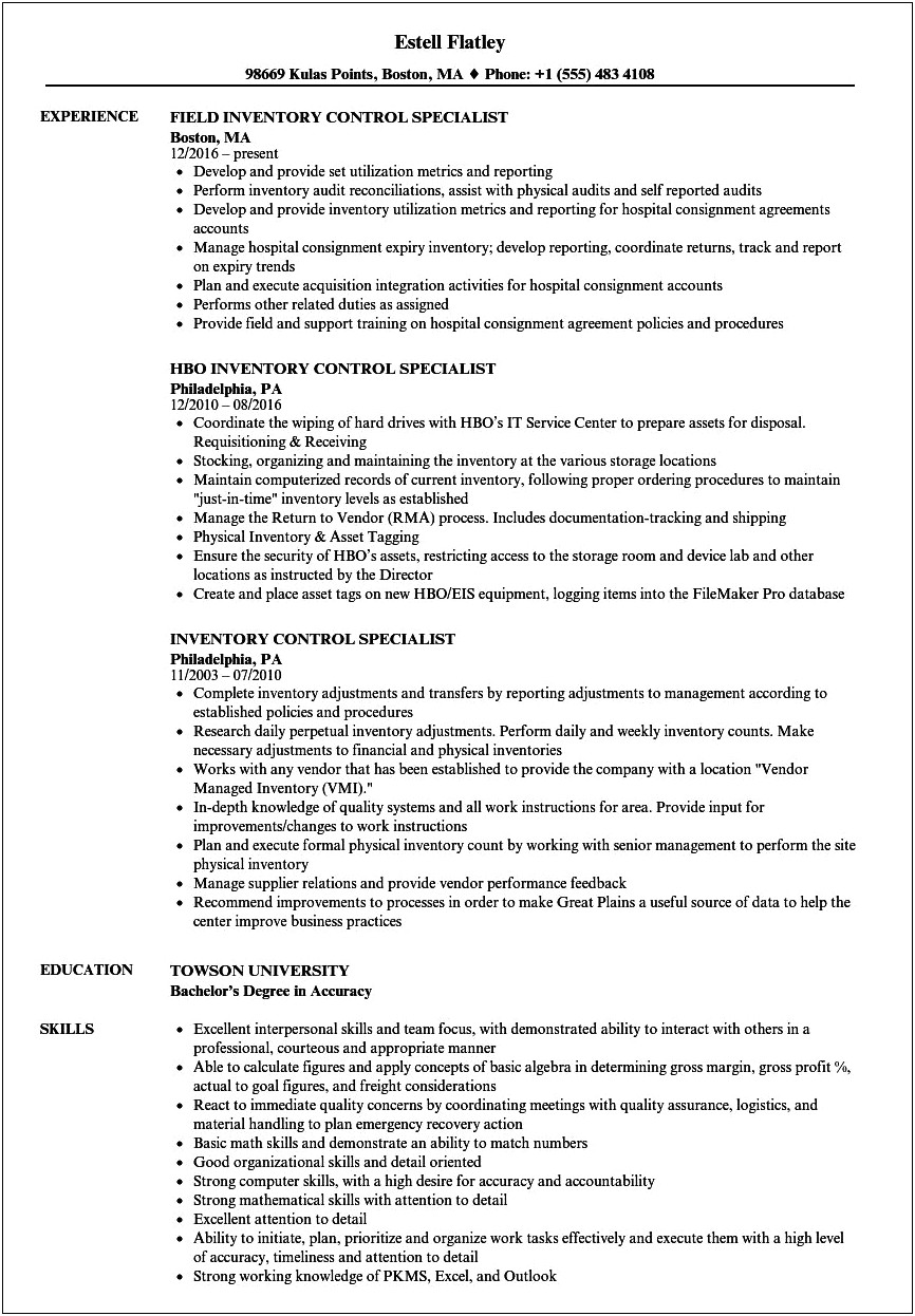 Inventory Management Specialist Resume Example
