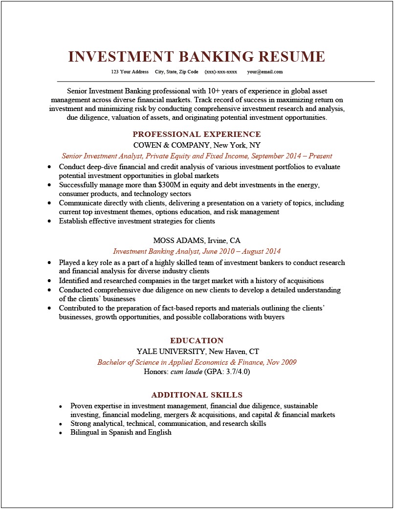 Investment Banking Analyst Resume Example Sample