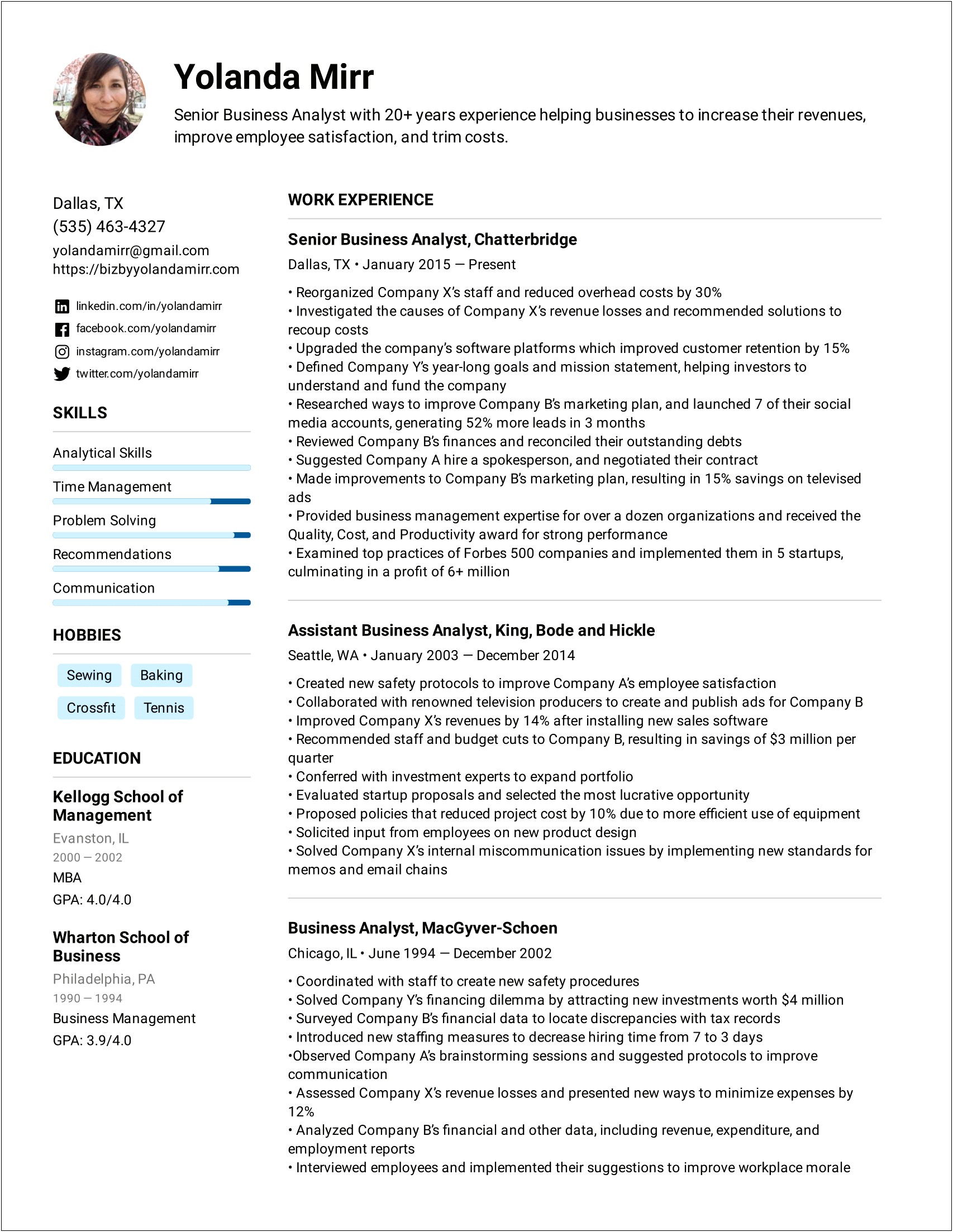 Investment Banking Analyst Resume Example