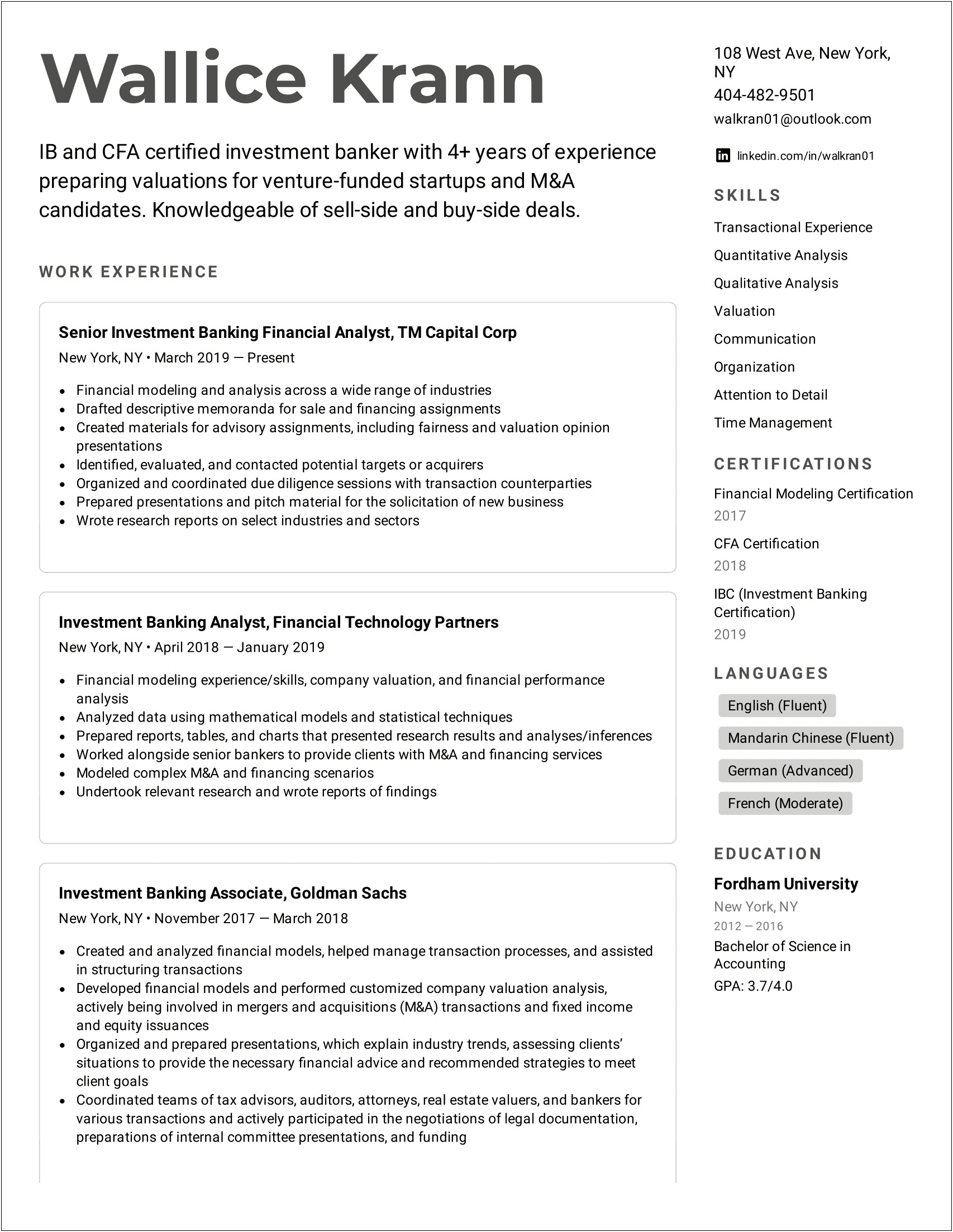 Investment Banking Analyst Resume Sample