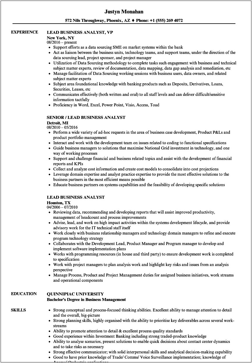 Investment Banking Business Analyst Sample Resume