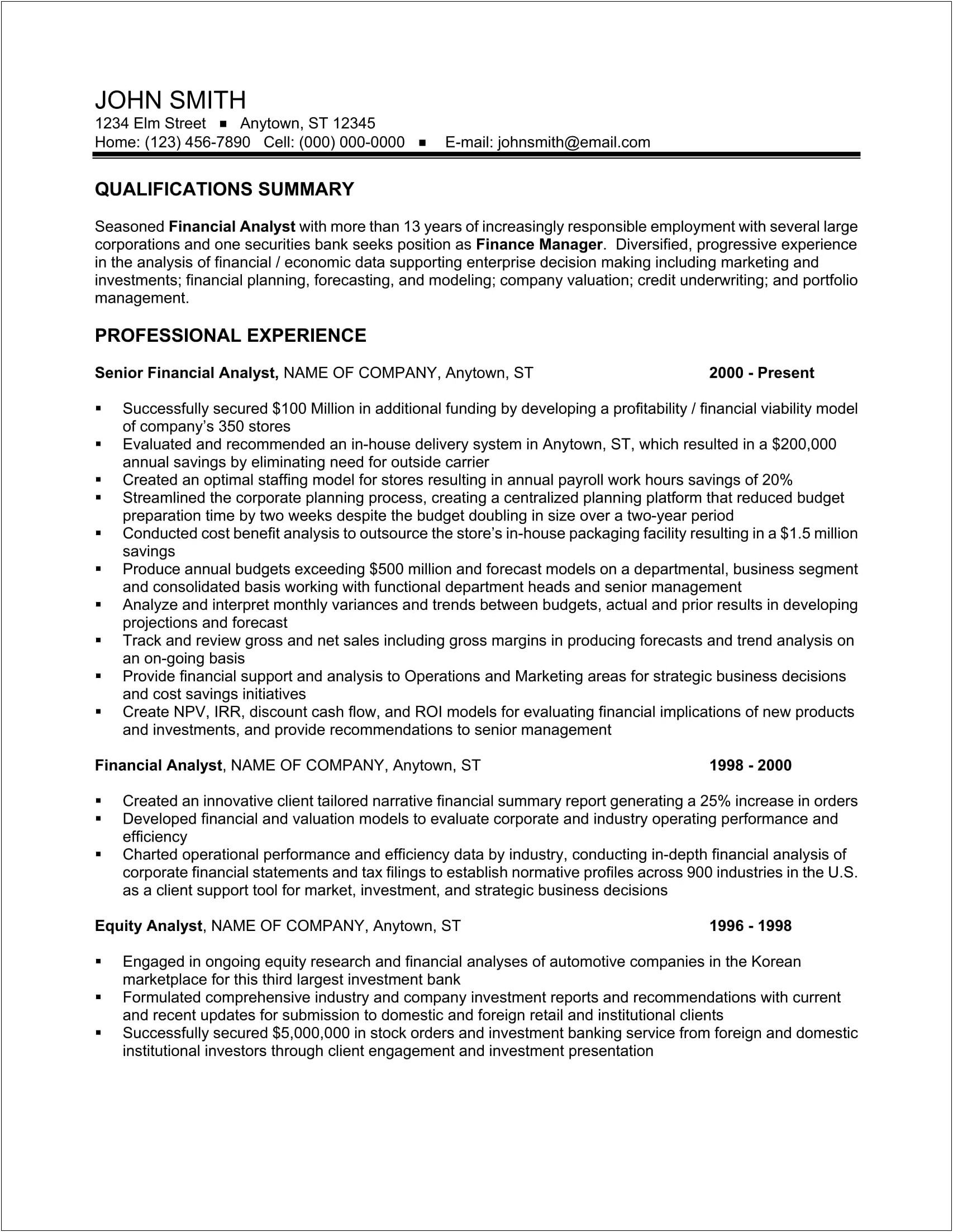 Investment Banking Financial Analyst Resume Sample