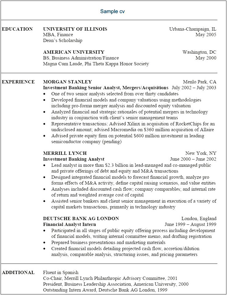 Investment Banking Graduate Resume Example