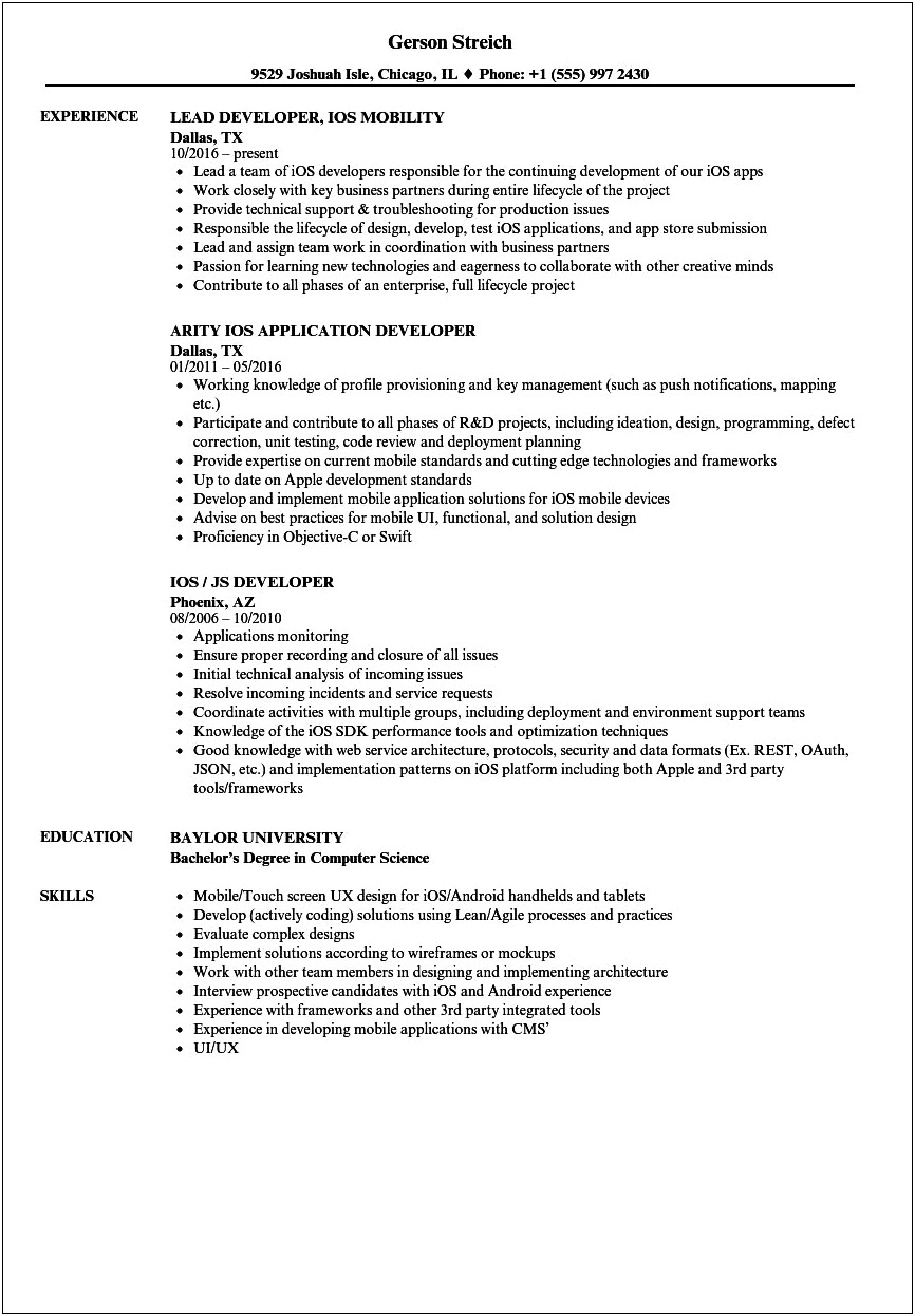Ios Developer 1 Year Experience Resume Download