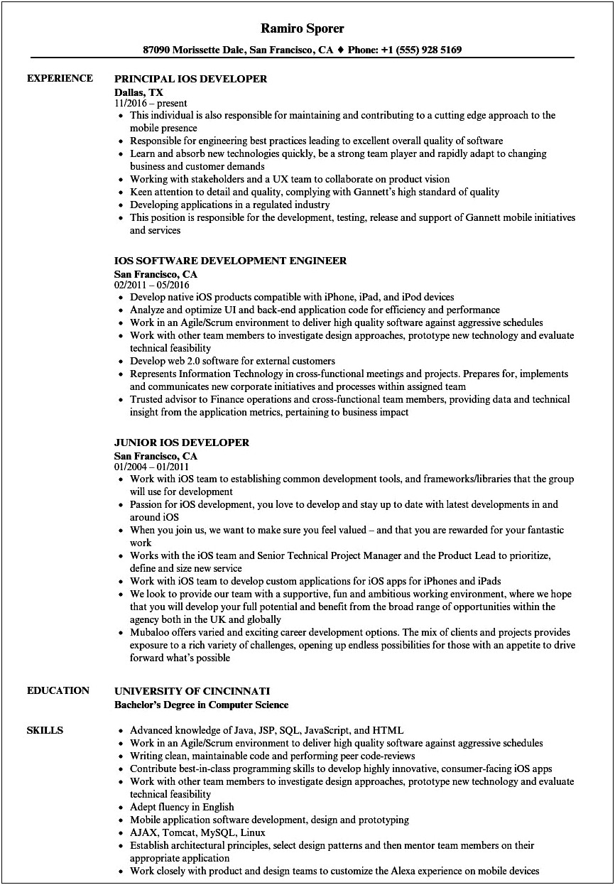 Ios Developer Resume With No Experience