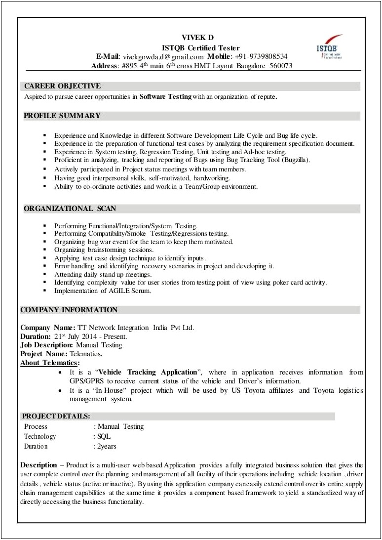 Istqb Certified Tester Resume Sample