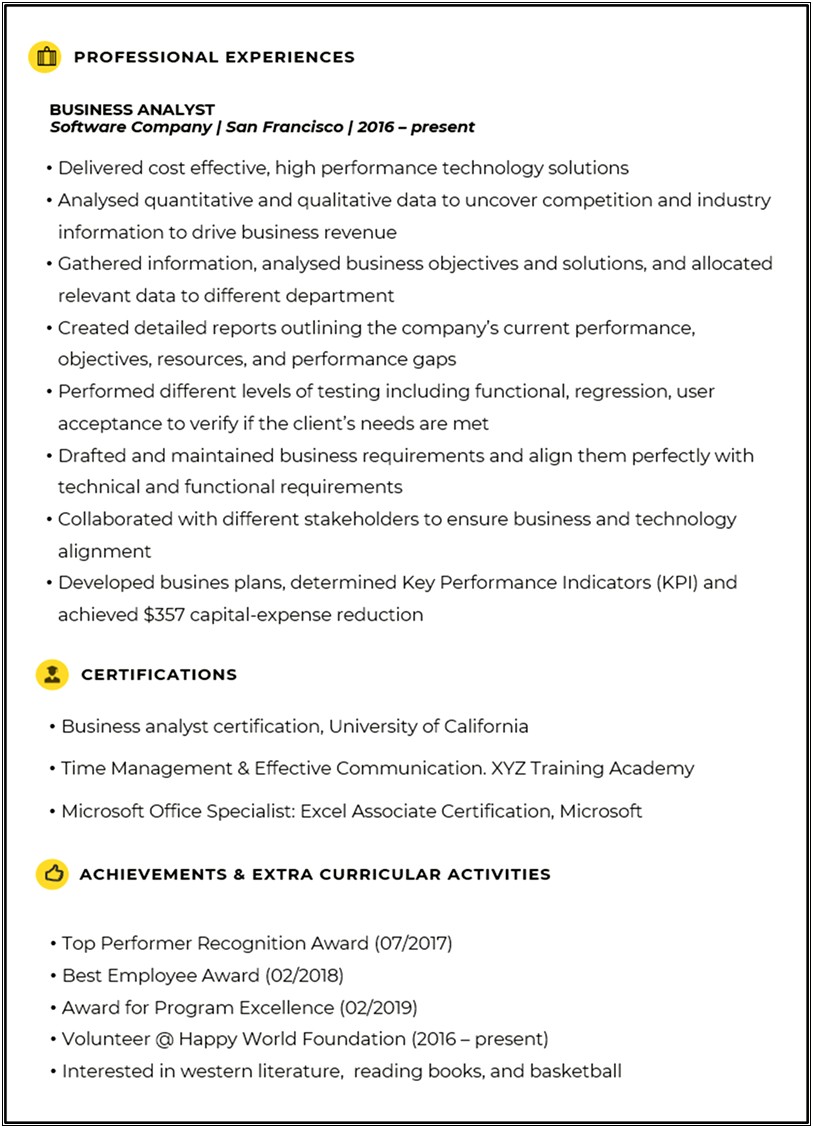 It Business Analyst Career Objective Resume