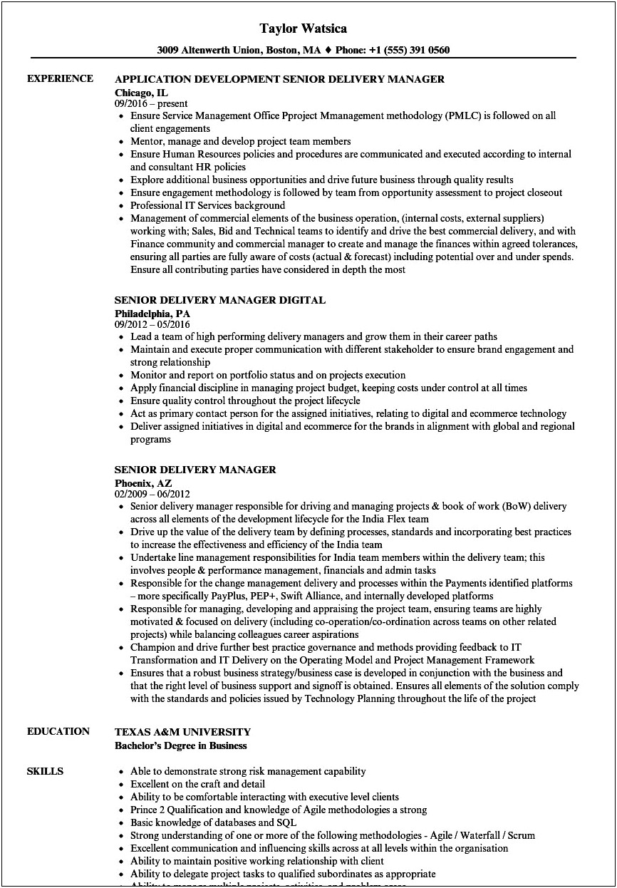It Delivery Manager Resume Sample