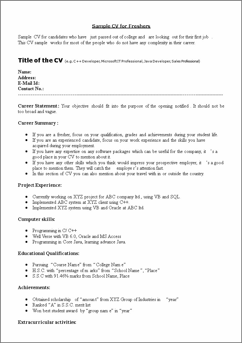 It Freshers Resume Samples Download