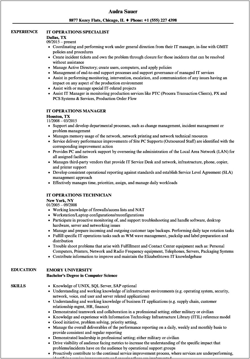 It Infrastructure And Operations Manager Resume Bullets