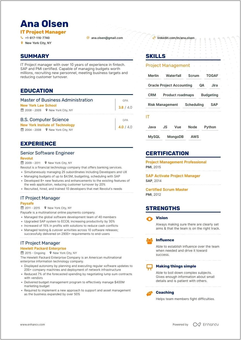 It Manager Resume Project Management