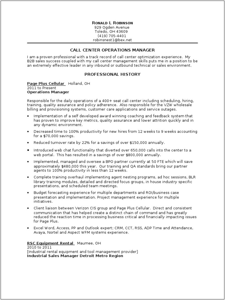 It Operation Manager Job Description Resume
