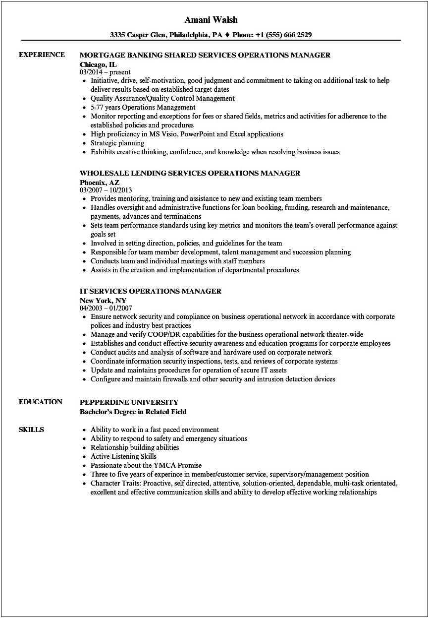 It Operations Manager Job Resume