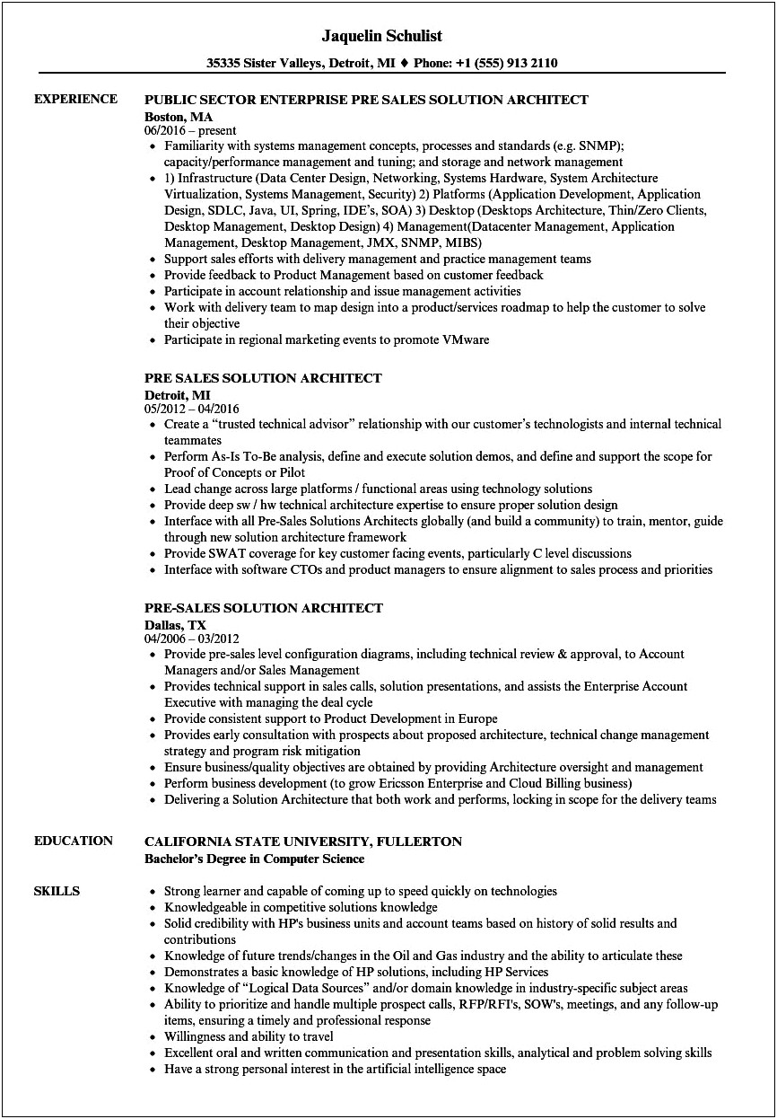 It Pre Sales Manager Resume