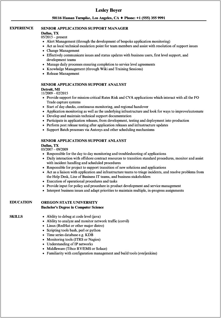 It Production Support Resume Sample