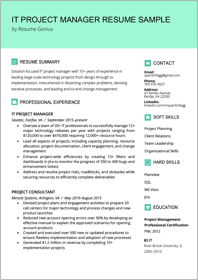 It Project Manager Resume Page Template Qualification Text