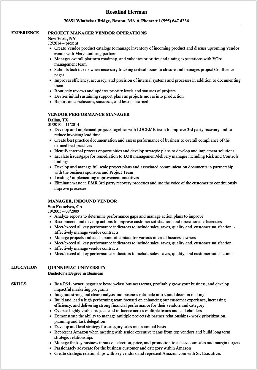 It Project Manager Resume Vendor Selection