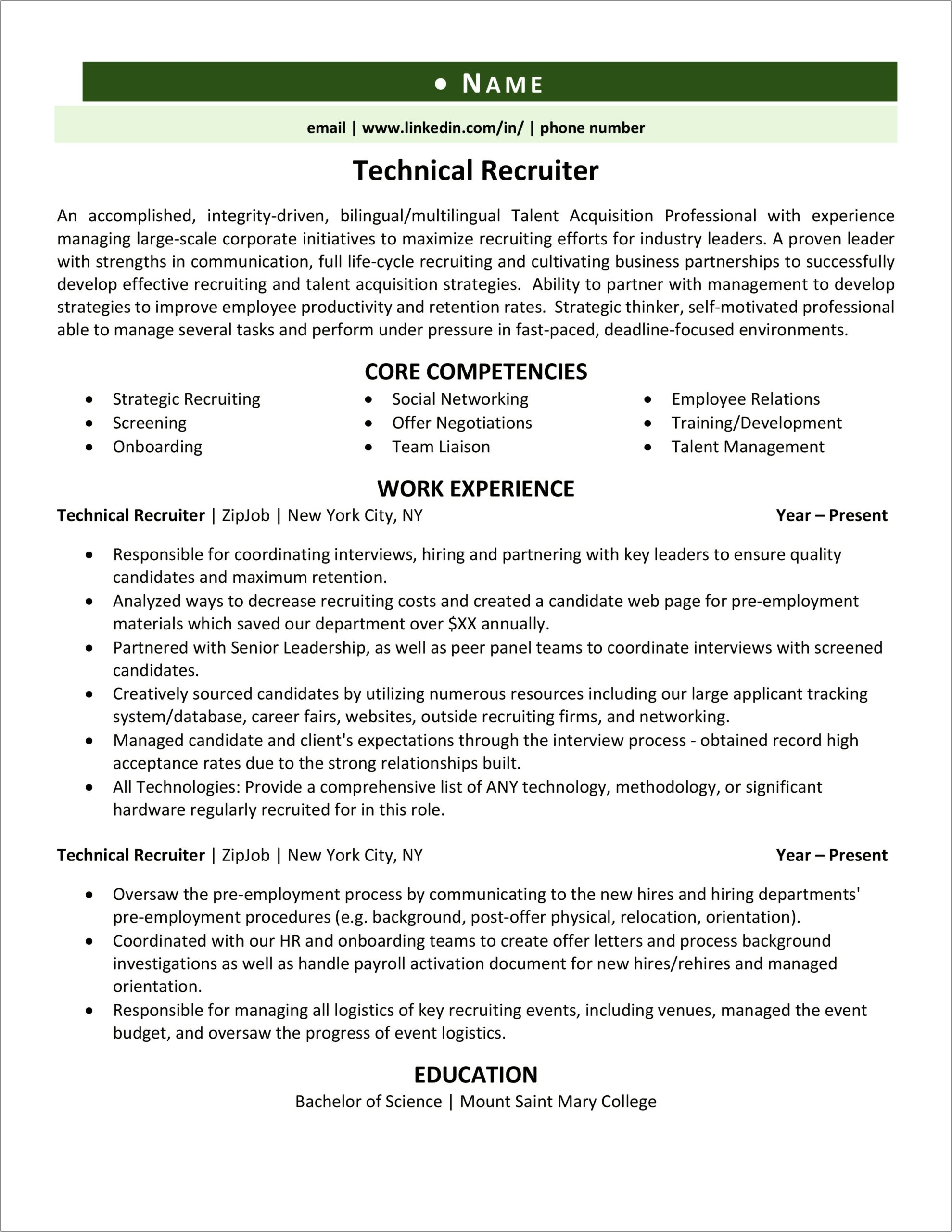 It Recruiter Resume For 2 Year Experience