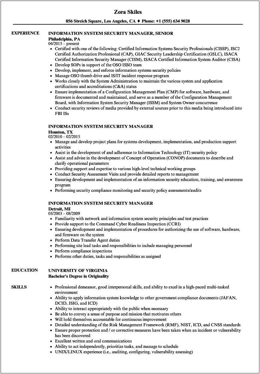 It Security Manager Sample Resume