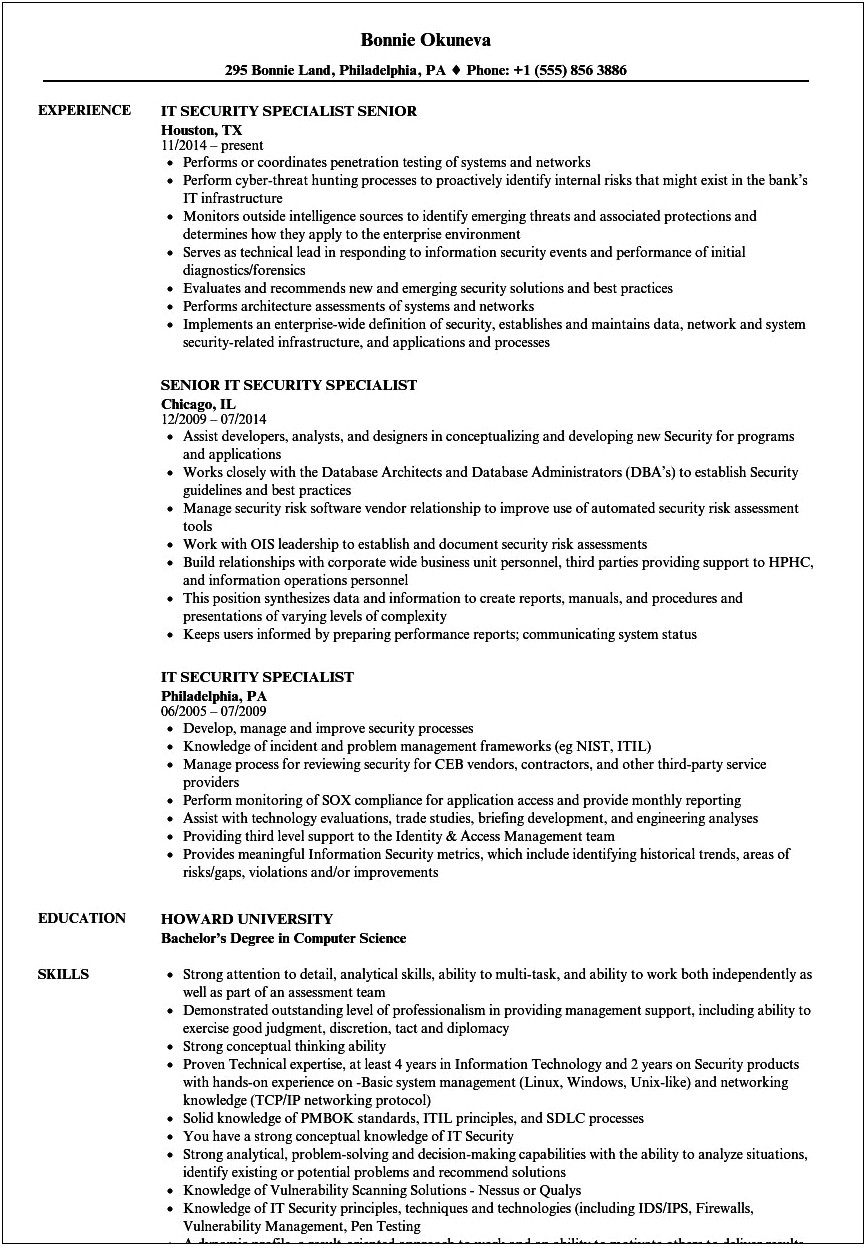 It Security Specialist Resume Example