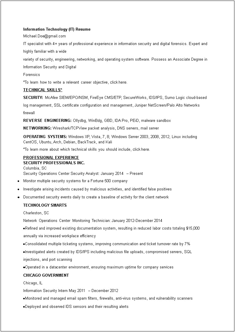 It Security Specialist Resume Sample