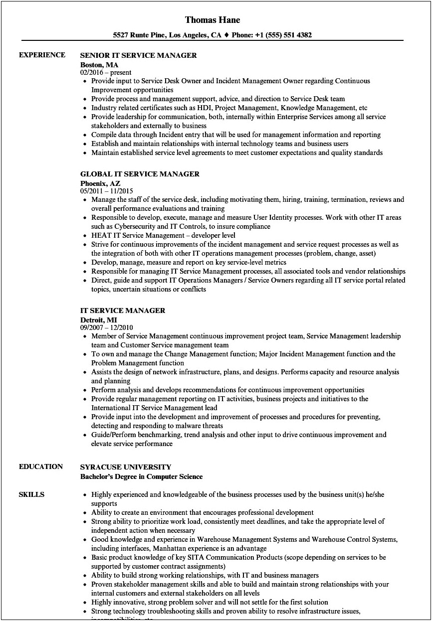 It Service Management Resume Examples