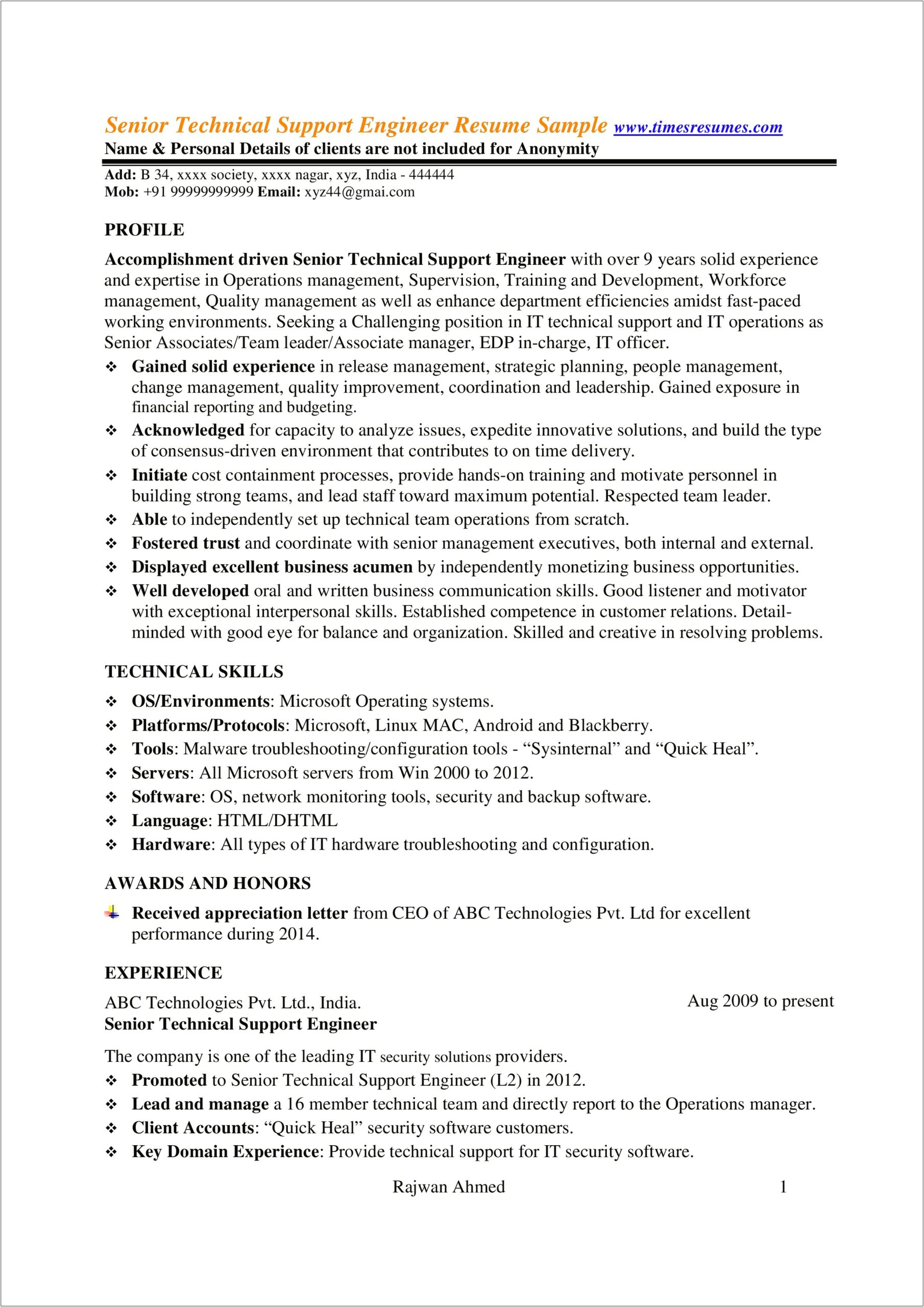 It Support Engineer Resume Examples