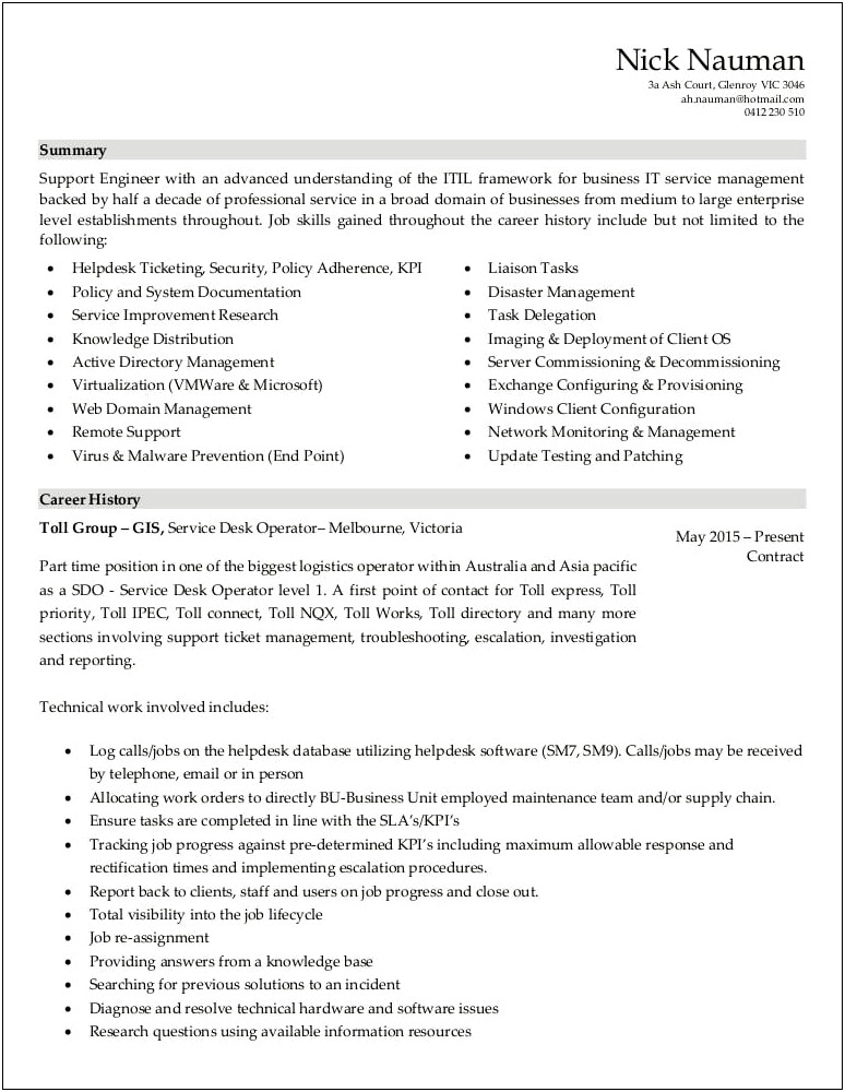 It Support Job Description Resume
