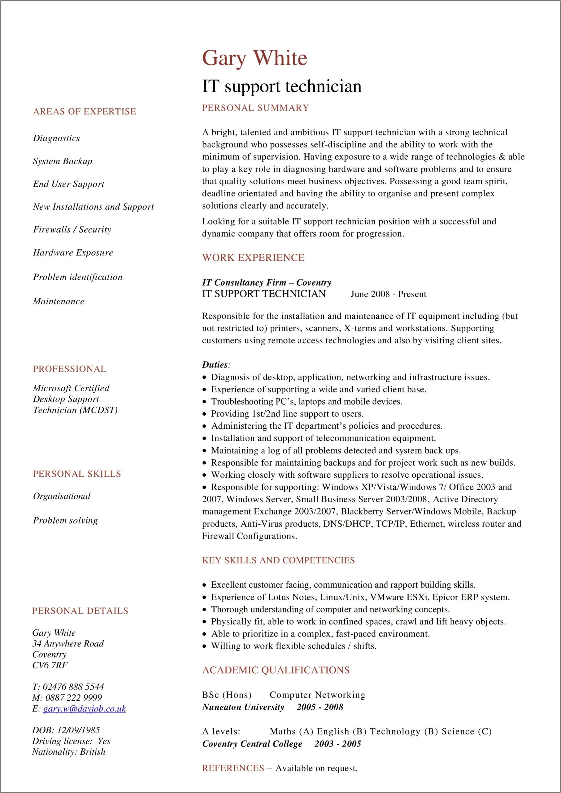 It Support Technician Resume Samples