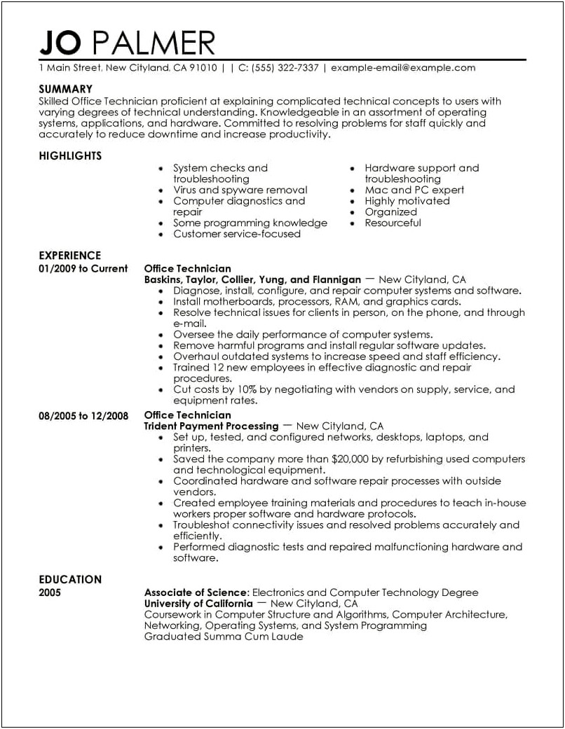 It Technician Job Description Resume