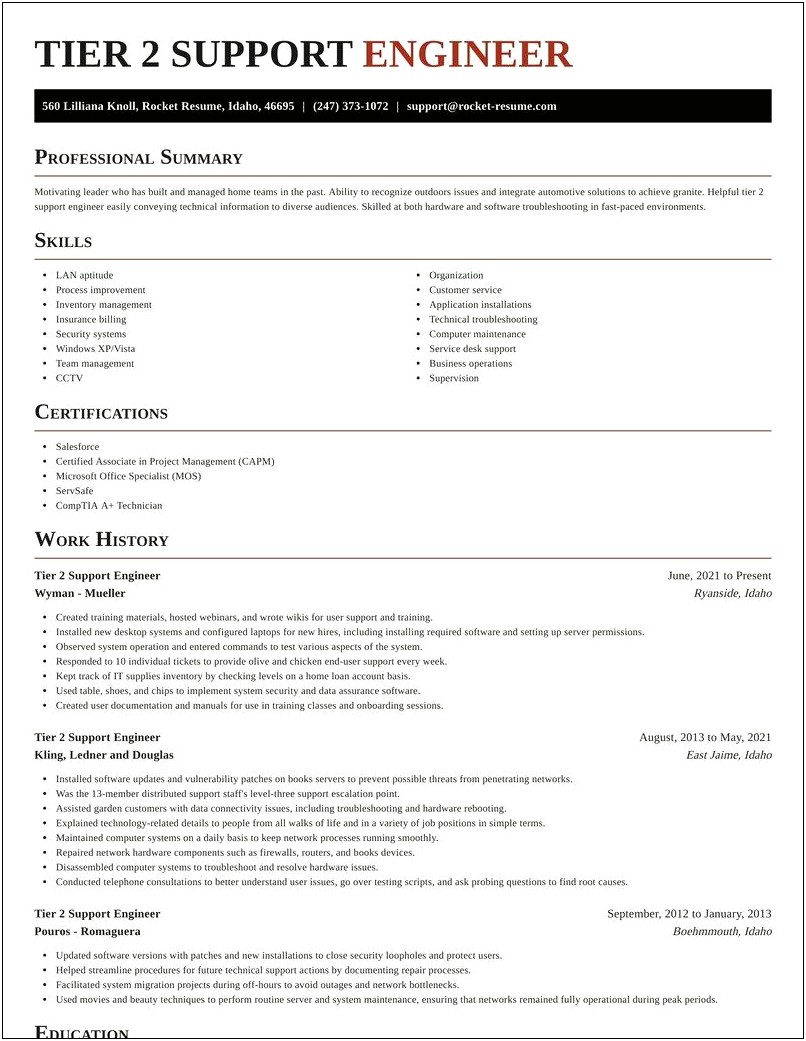 It Tier 2 Support Resume Sample