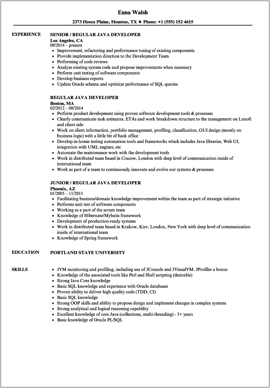 Java 1 Year Experience Resume Download