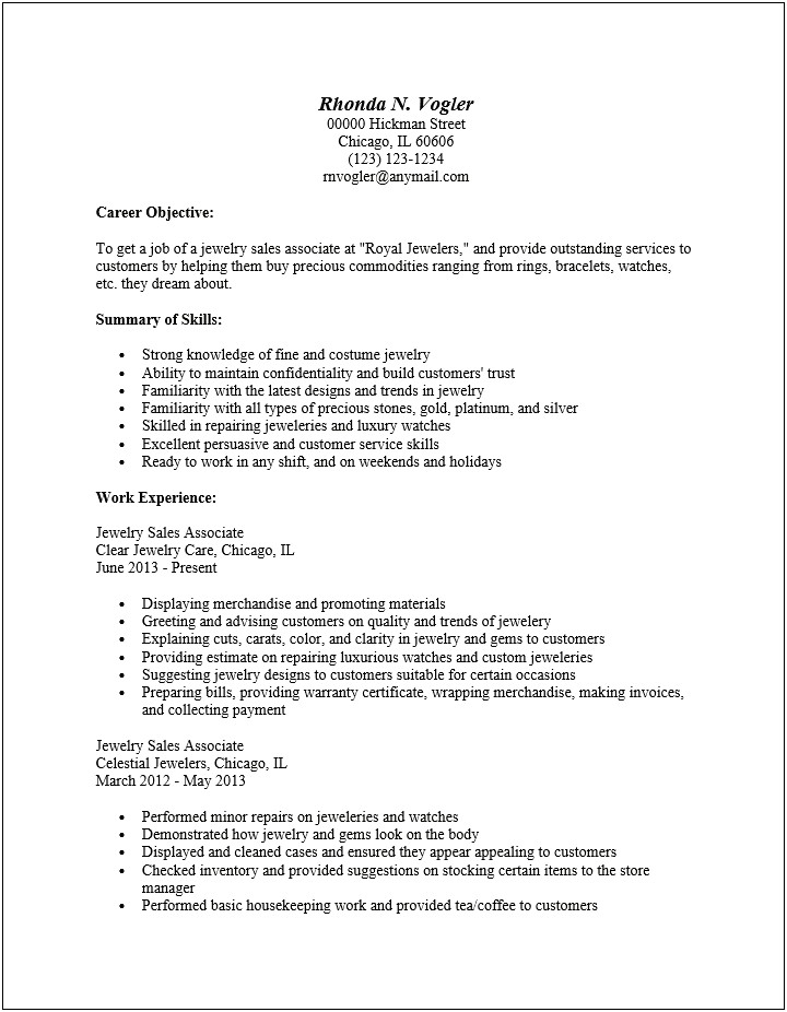 Jewelry Store Manager Resume Sample