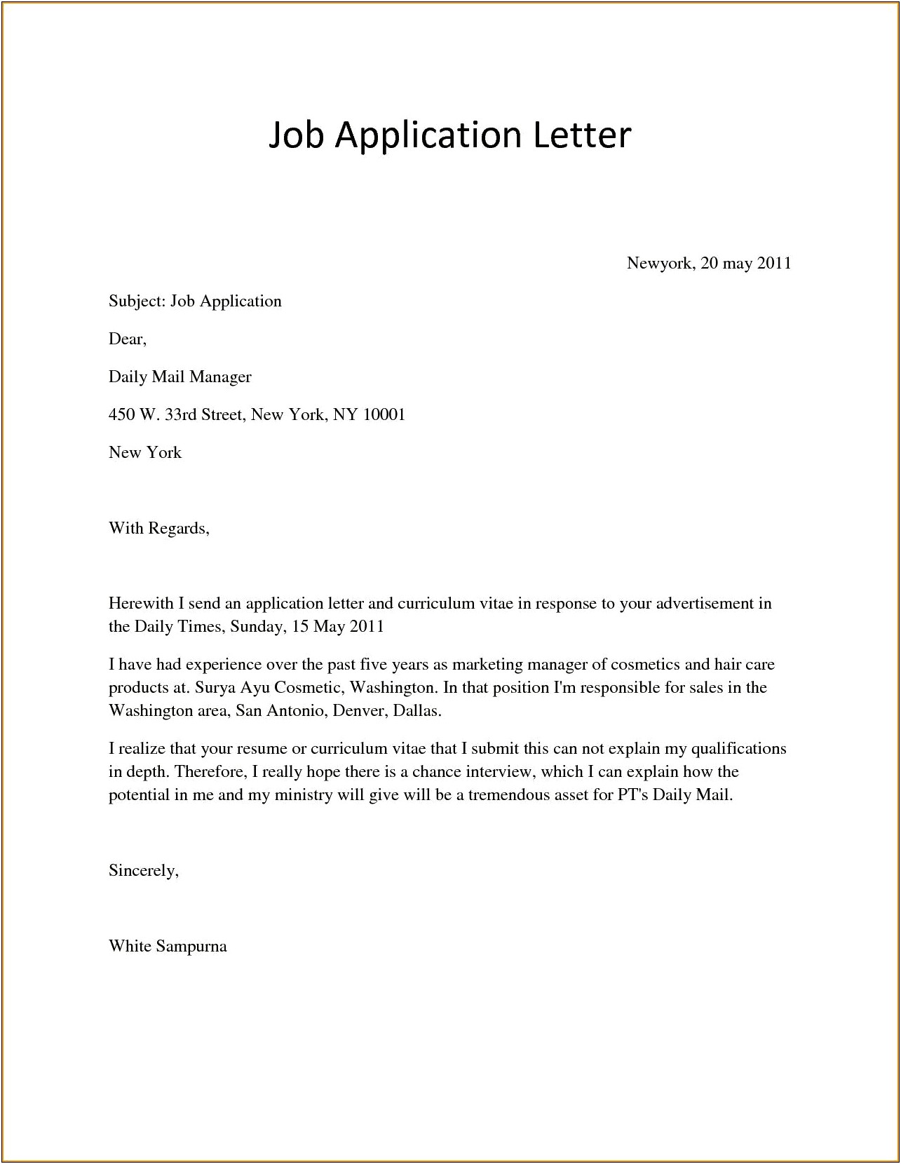 Job Application Letter Along With Resume