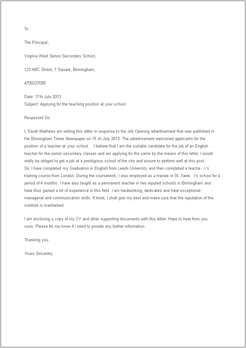 Job Application Letter With Resume For Teacher Post