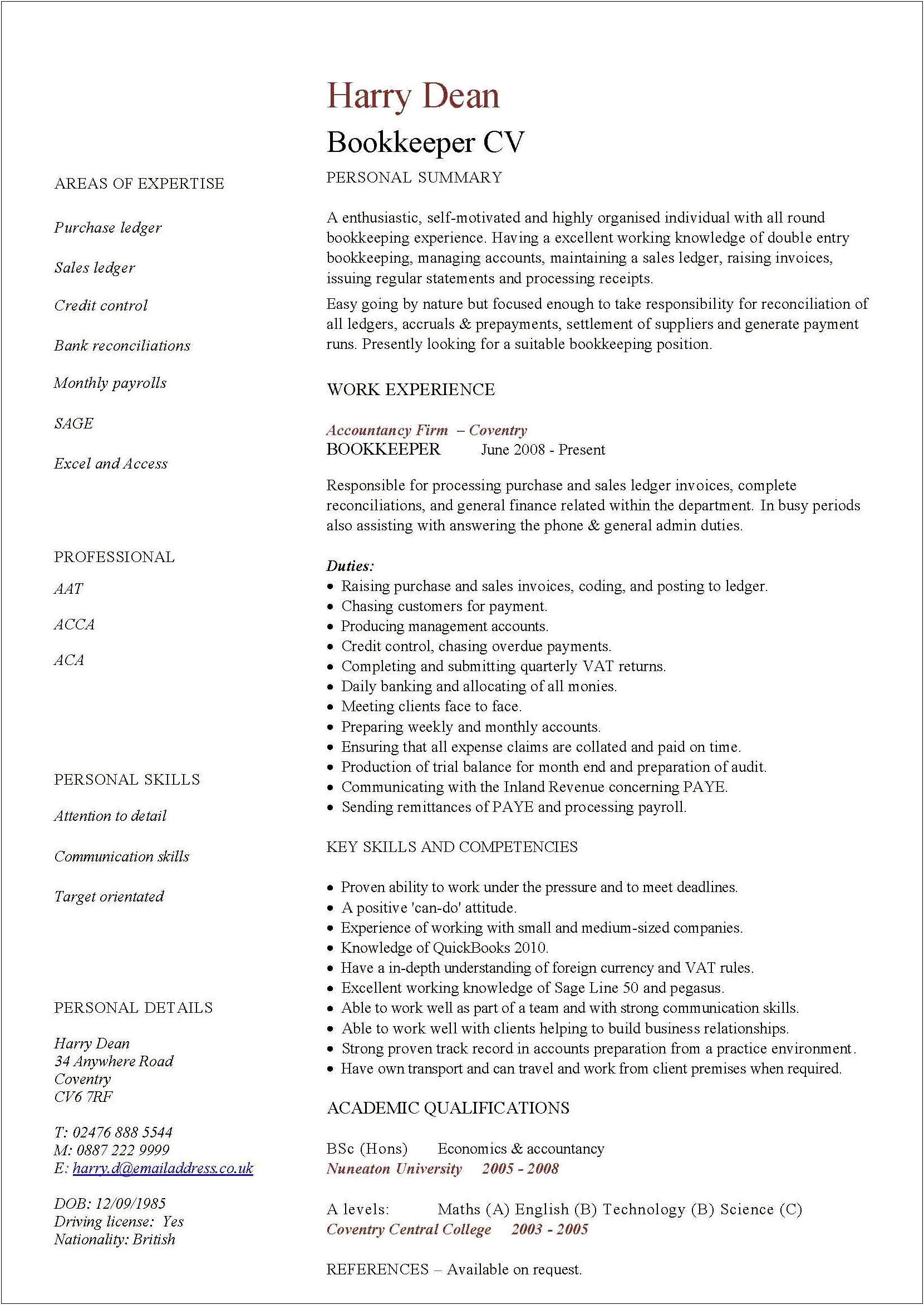 Job Description Accounting Bookeeper Resume