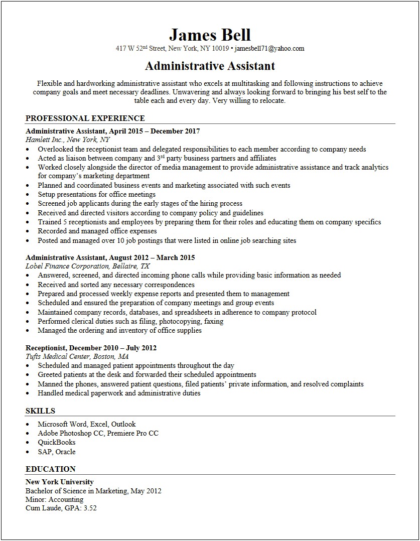 Job Description Administrative Assistant Resume