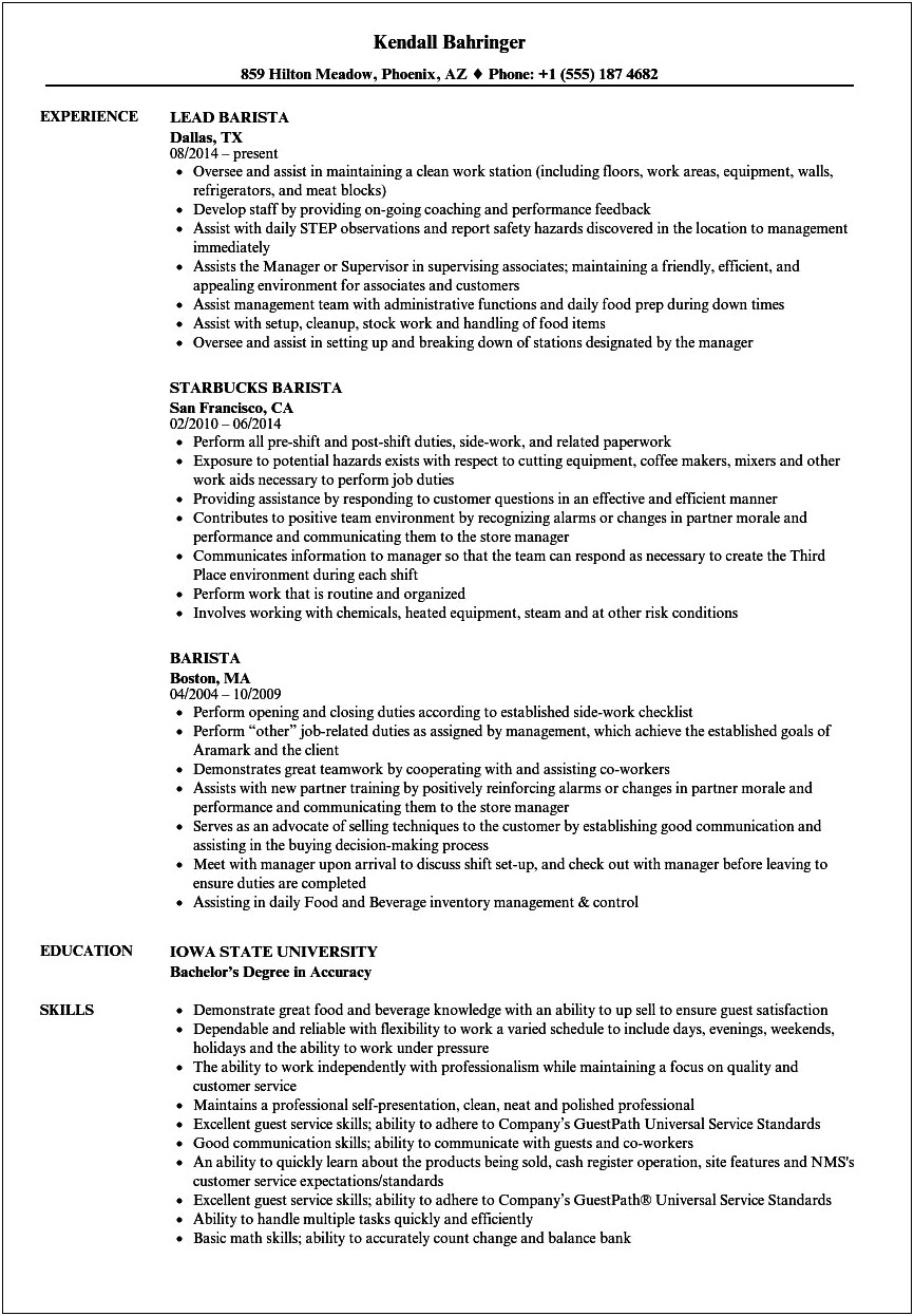 Job Description Barista Starbucks Resume