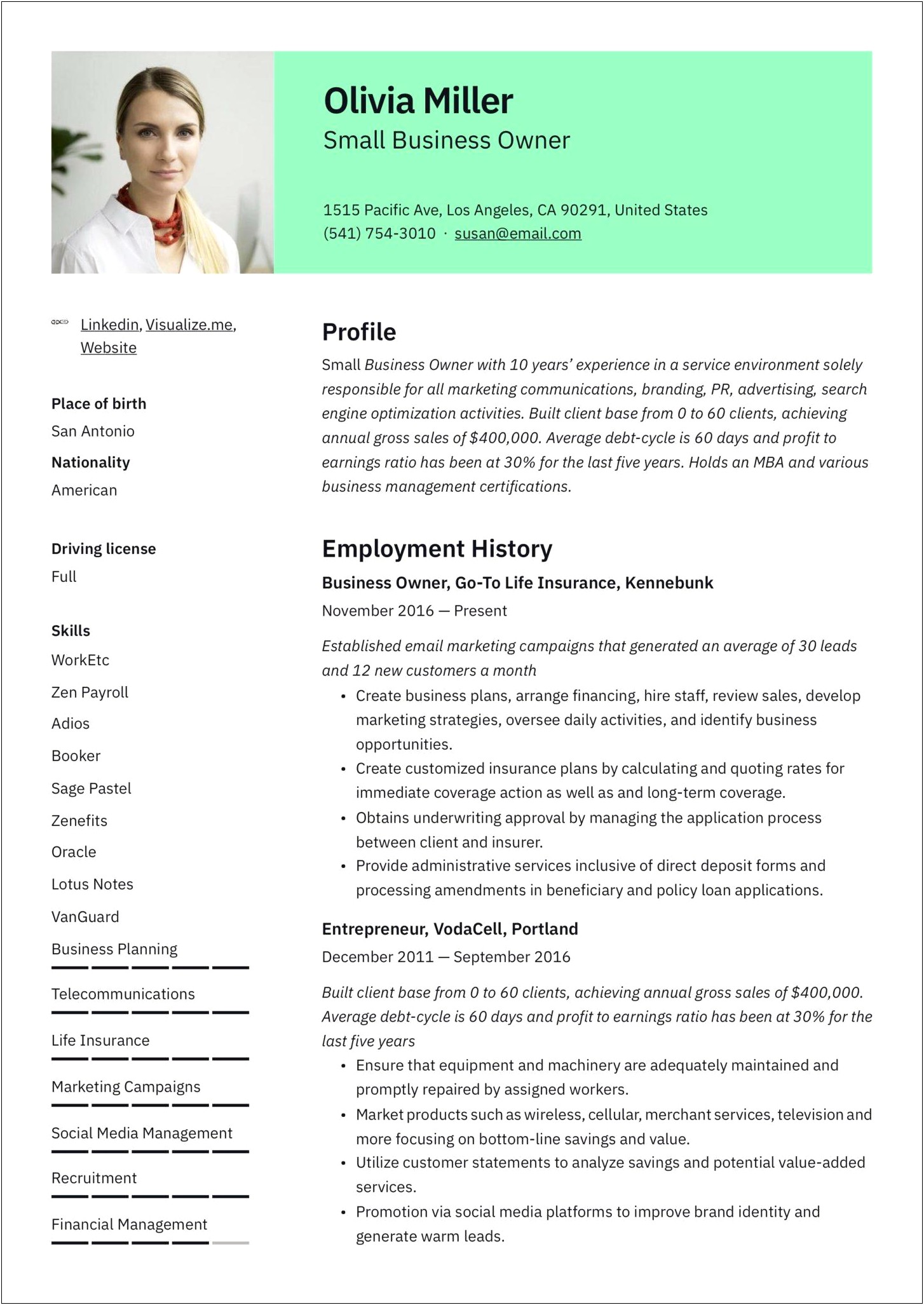 Job Description Business Owner Resume