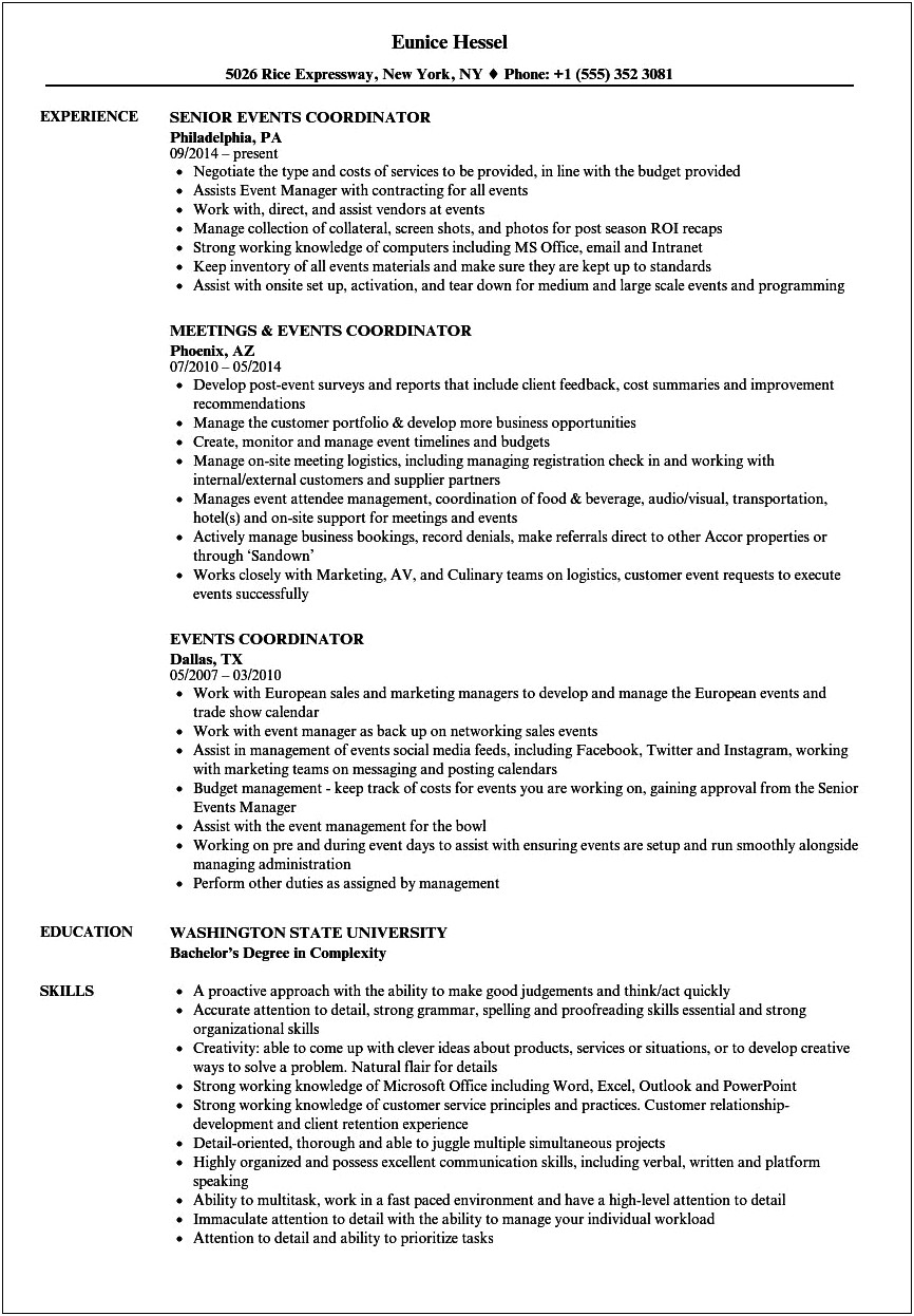 Job Description Event Planner Resume