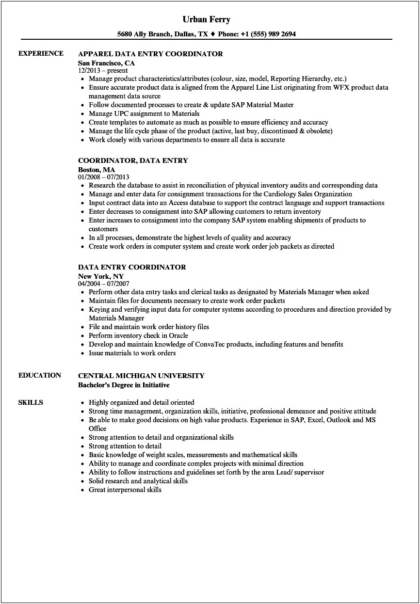 Job Description For Data Entry For Resume