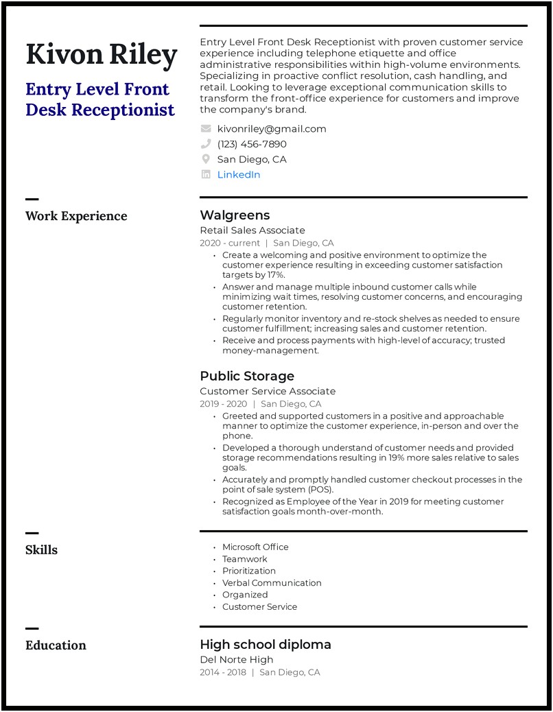 Job Description For Front Desk Receptionist For Resume