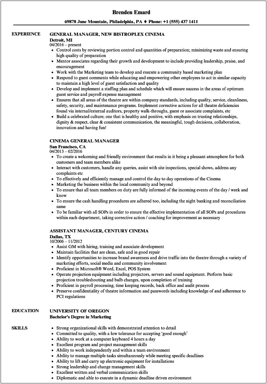 Job Description For Movie Theater Worker For Resume