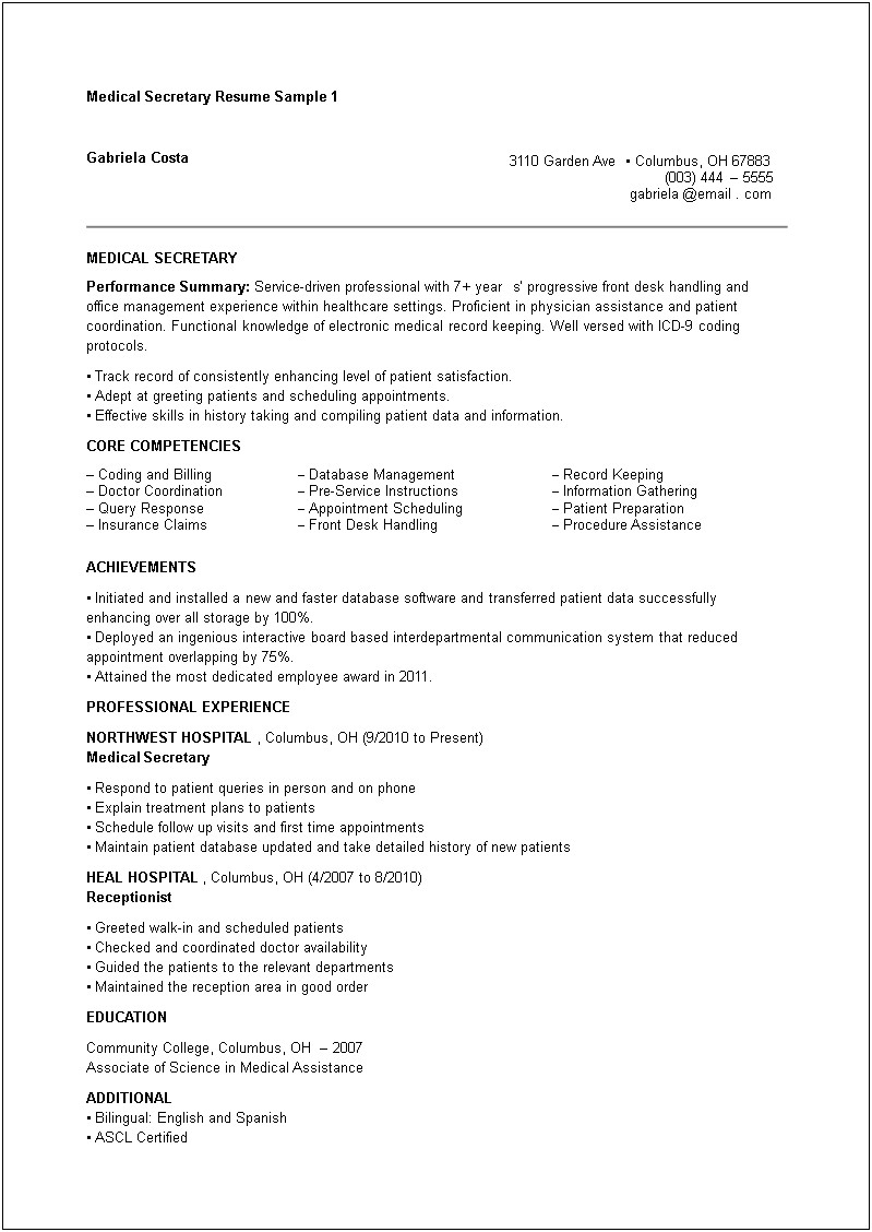 Job Description For Resume Medical Secretary