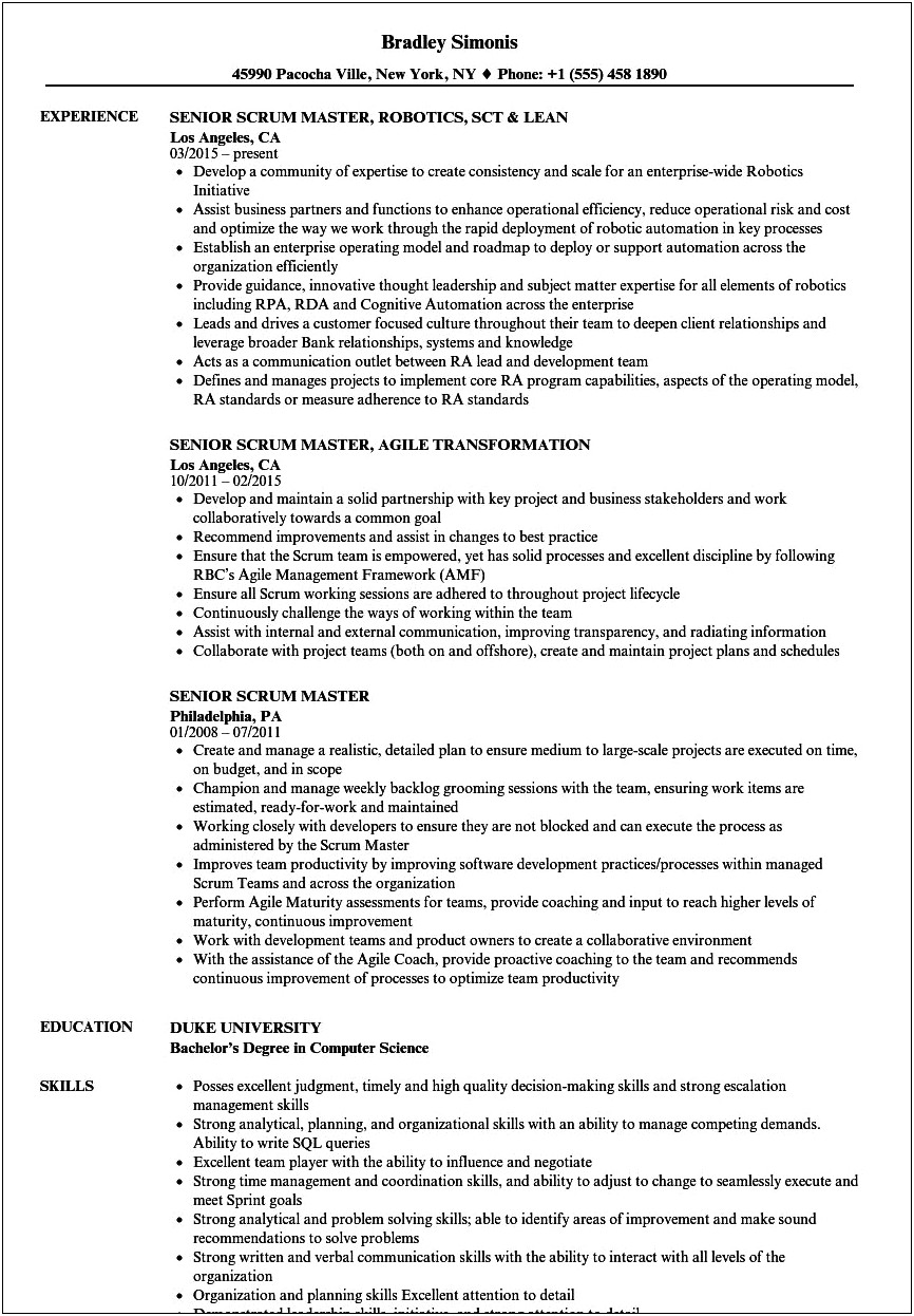 Job Description For Scrum Master For Resume